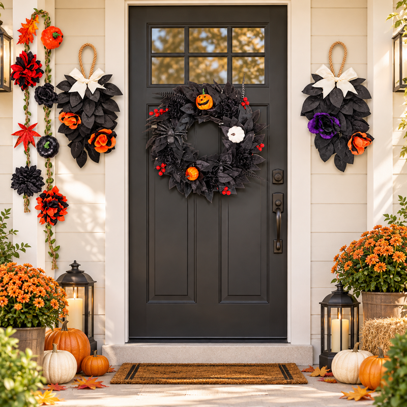 4-Piece Halloween Door Decor Set – Black Pumpkin Wreath, Floral Garland & 2 Hanging Swags