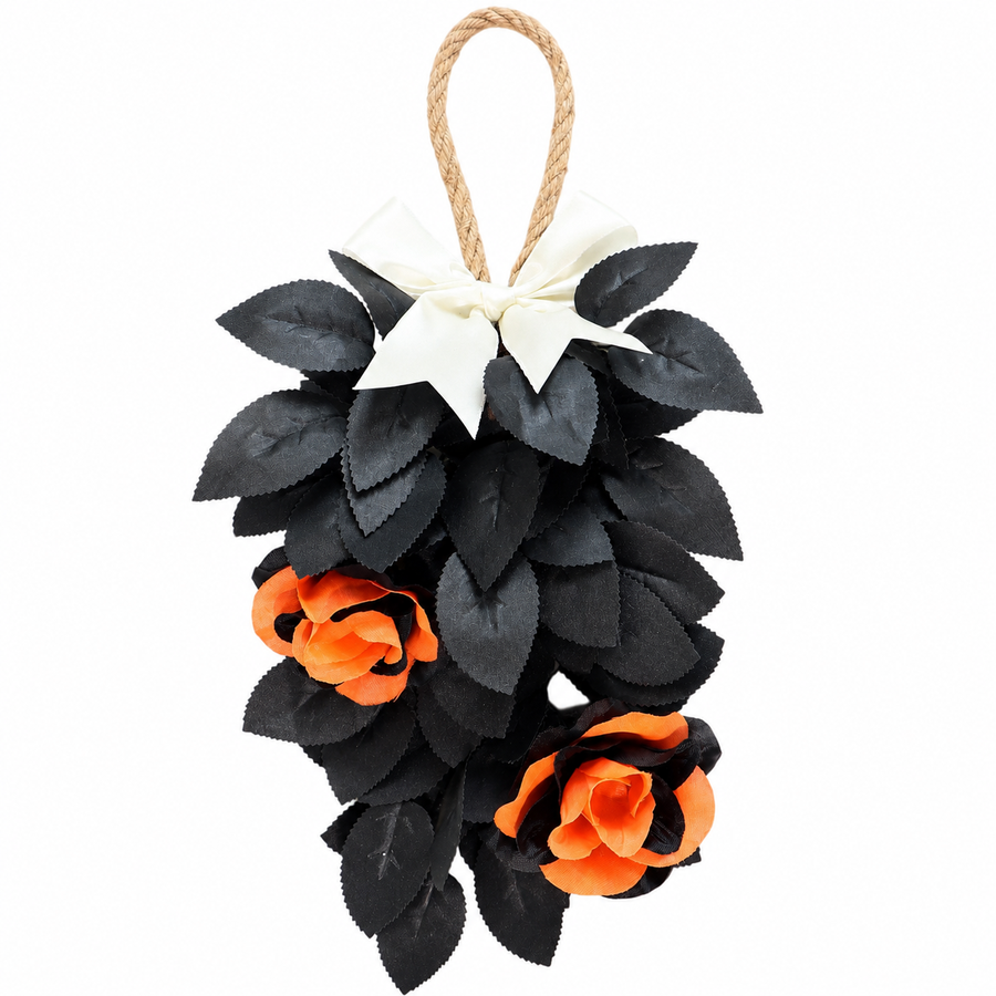 Halloween Black Leaf Door Swag with Orange Roses – 15" Hanging Front Door Decor