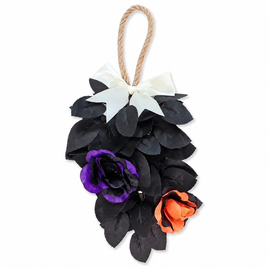 Halloween Black Leaf Door Swag with Purple & Orange Roses – 15" Front Door Hanging Decor