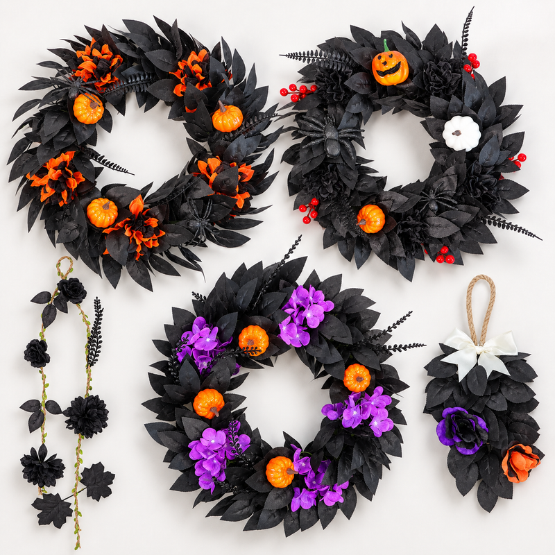 5-Piece Halloween Wreath & Door Decor Set – 3 Black Pumpkin Wreaths, Floral Garland & Hanging Swag