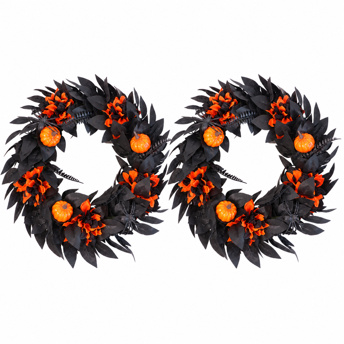 Halloween Black & Orange Wreath with Pumpkins and Spiders – 18.1" Front Door Decor