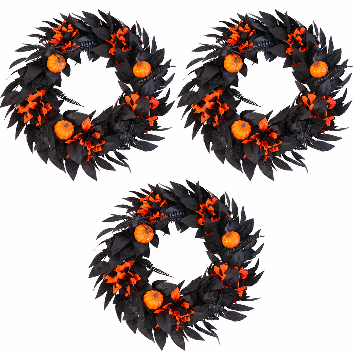 Halloween Black & Orange Wreath with Pumpkins and Spiders – 18.1" Front Door Decor