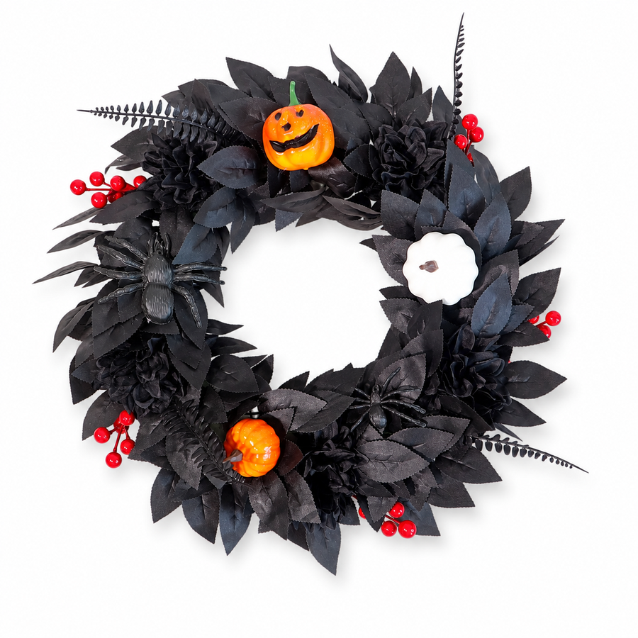 Black Halloween Wreath with Pumpkin – Spooky Gothic Front Door Decor