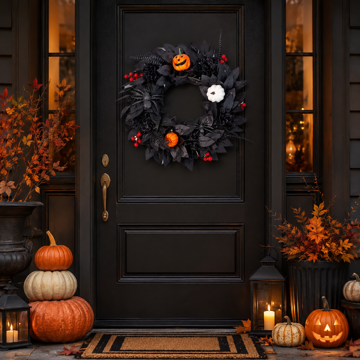 Black Halloween Wreath with Pumpkin – Spooky Gothic Front Door Decor