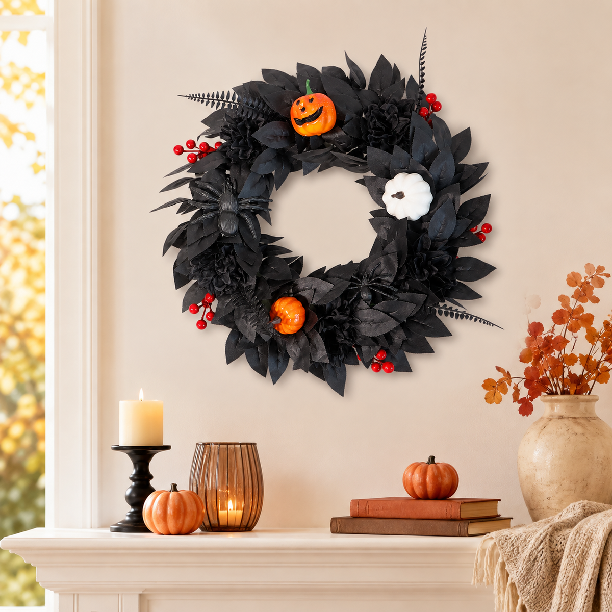 Black Halloween Wreath with Pumpkin – Spooky Gothic Front Door Decor
