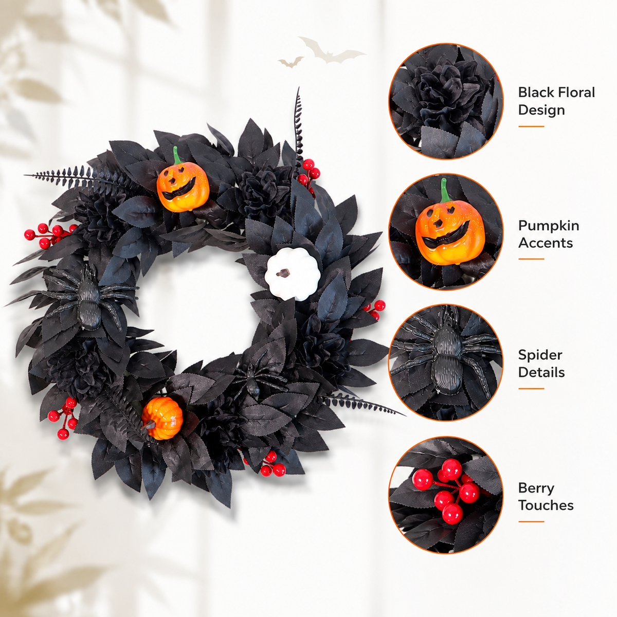 Black Halloween Wreath with Pumpkin – Spooky Gothic Front Door Decor