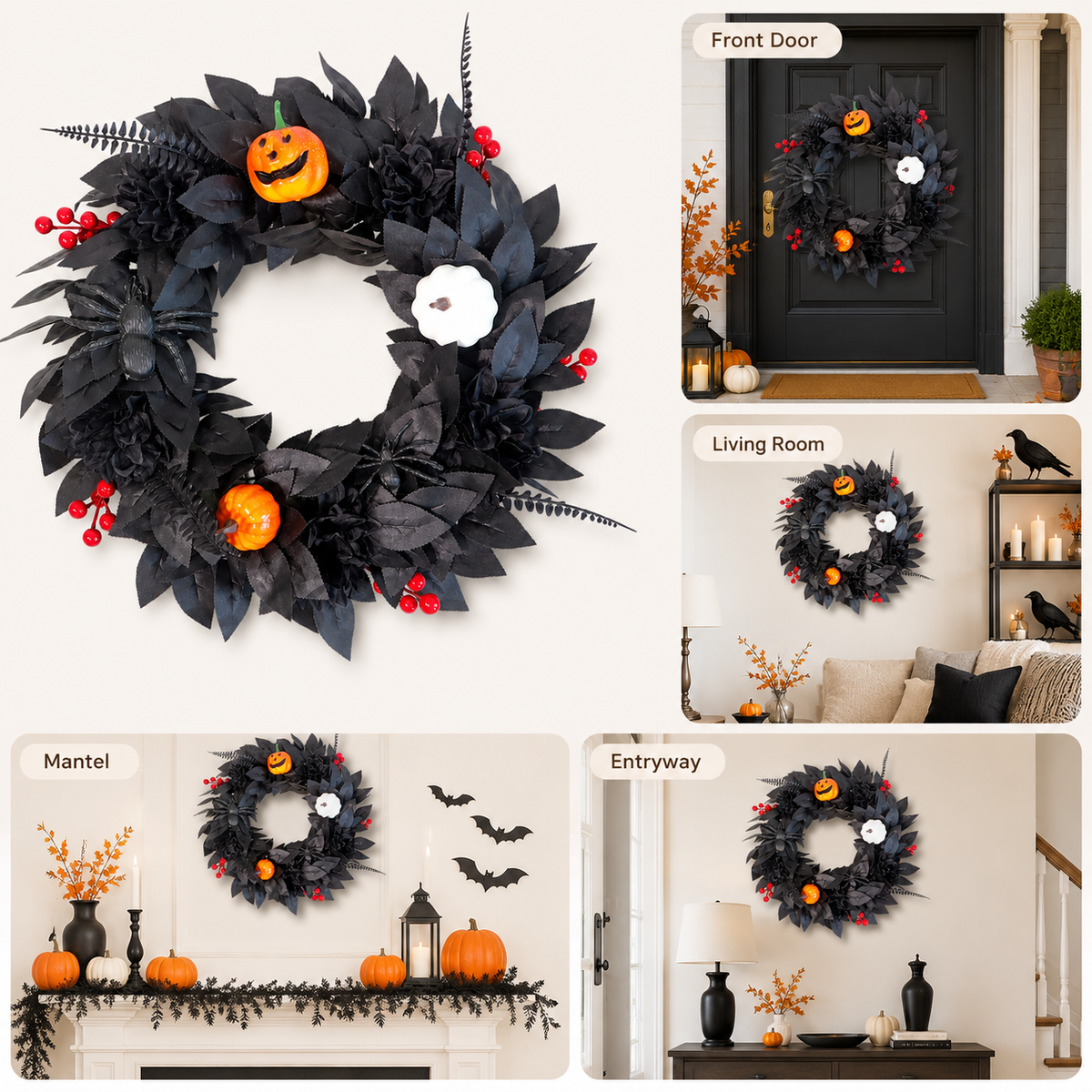 Black Halloween Wreath with Pumpkin – Spooky Gothic Front Door Decor