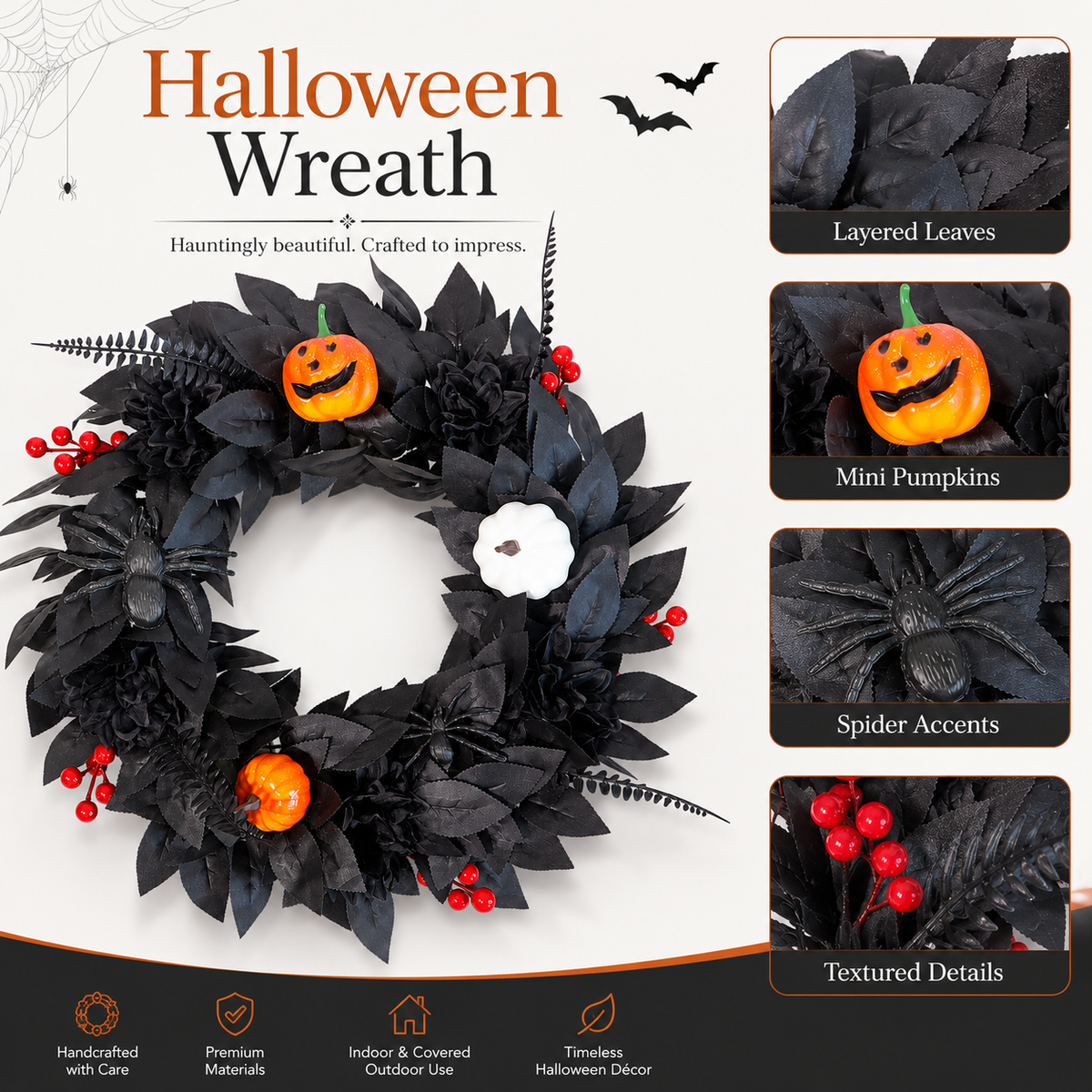 Black Halloween Wreath with Pumpkin – Spooky Gothic Front Door Decor