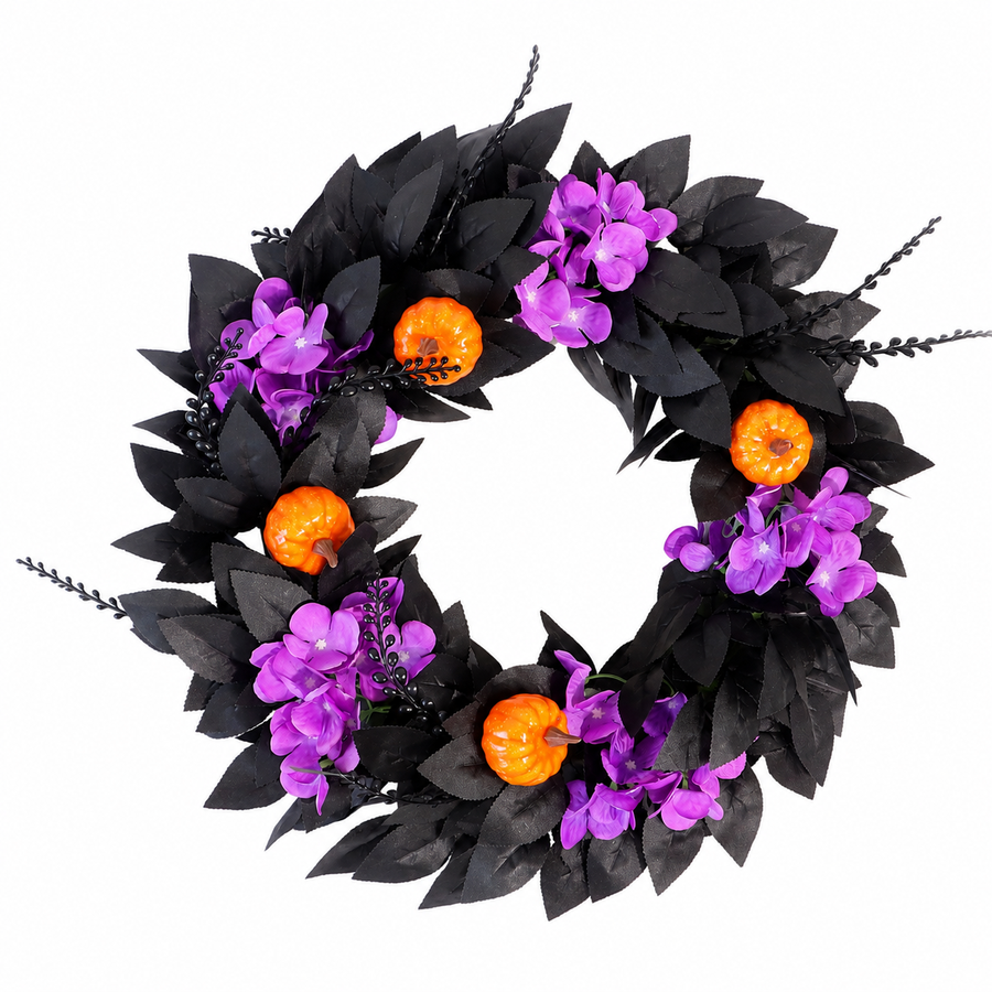 Purple Halloween Wreath with Pumpkins – 18.1" Gothic Front Door Decor