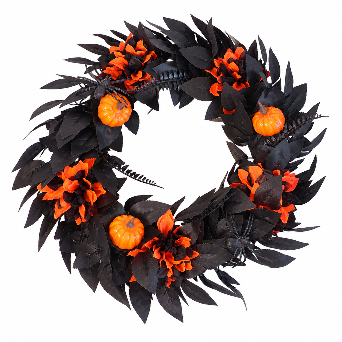 Halloween Black & Orange Wreath with Pumpkins and Spiders – 18.1" Front Door Decor
