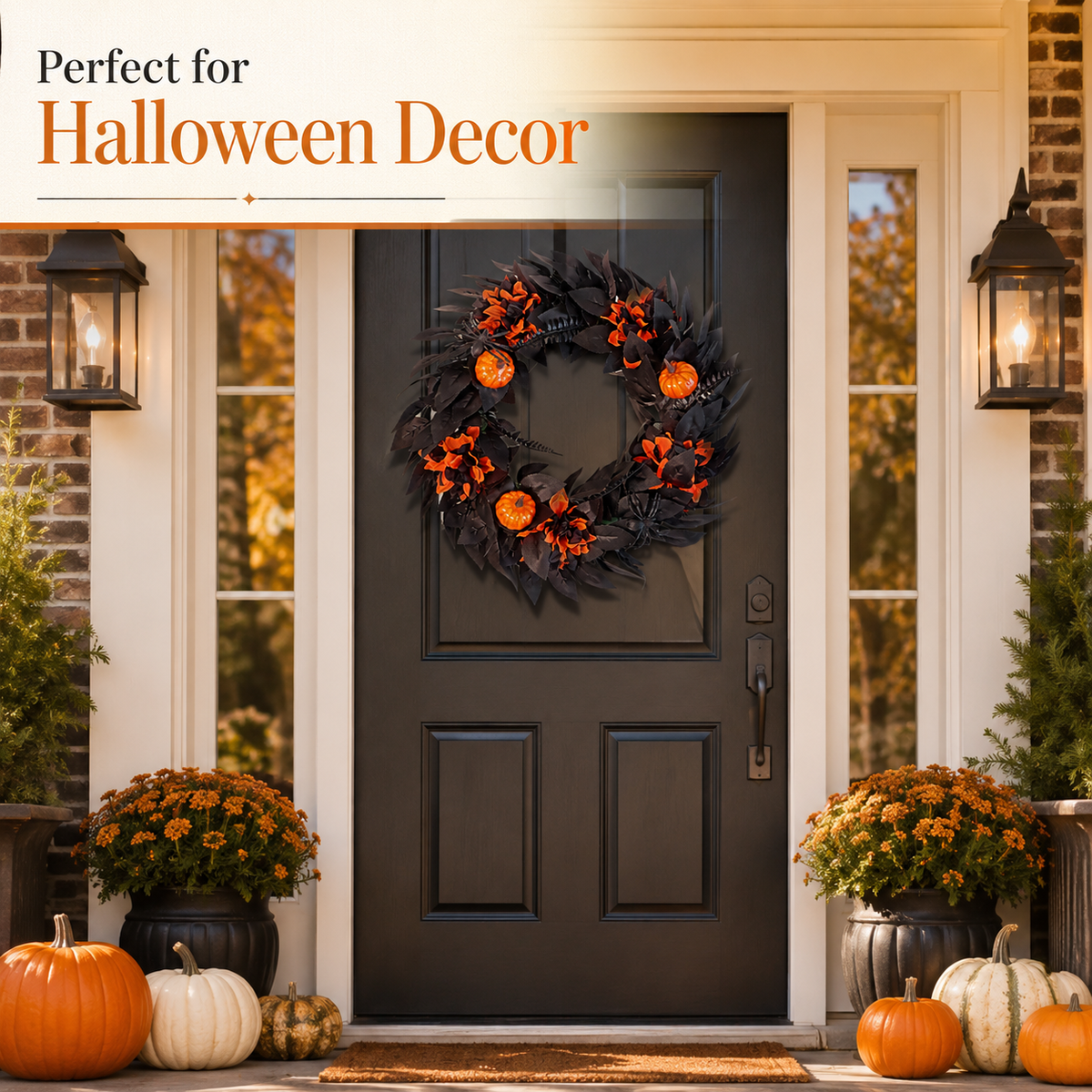 Halloween Black & Orange Wreath with Pumpkins and Spiders – 18.1" Front Door Decor