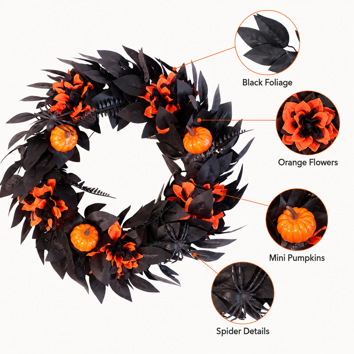 Halloween Black & Orange Wreath with Pumpkins and Spiders – 18.1" Front Door Decor