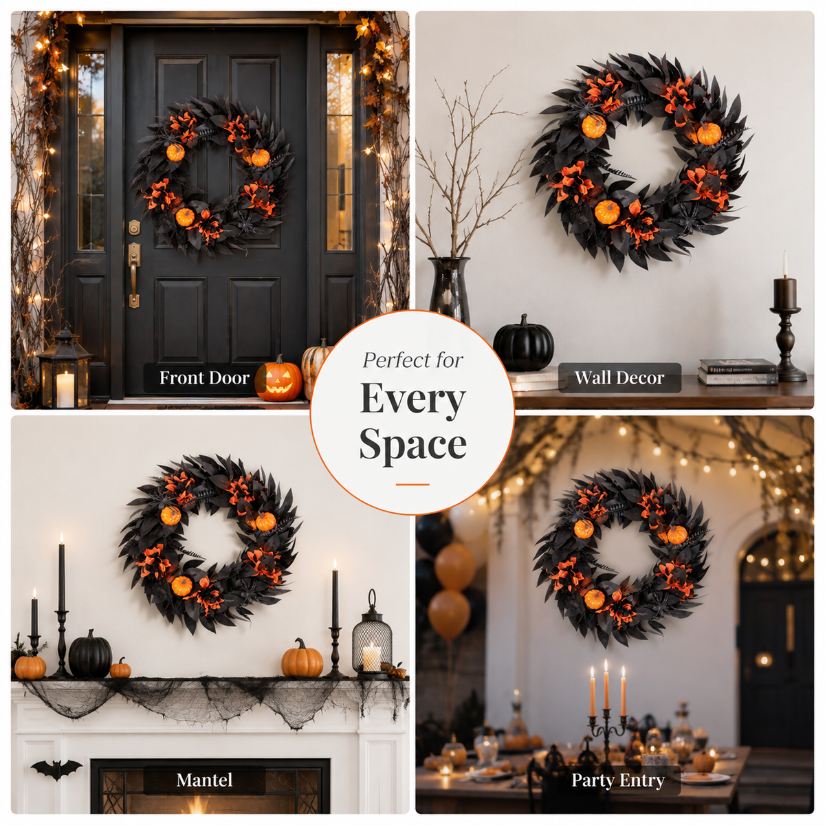 Halloween Black & Orange Wreath with Pumpkins and Spiders – 18.1" Front Door Decor