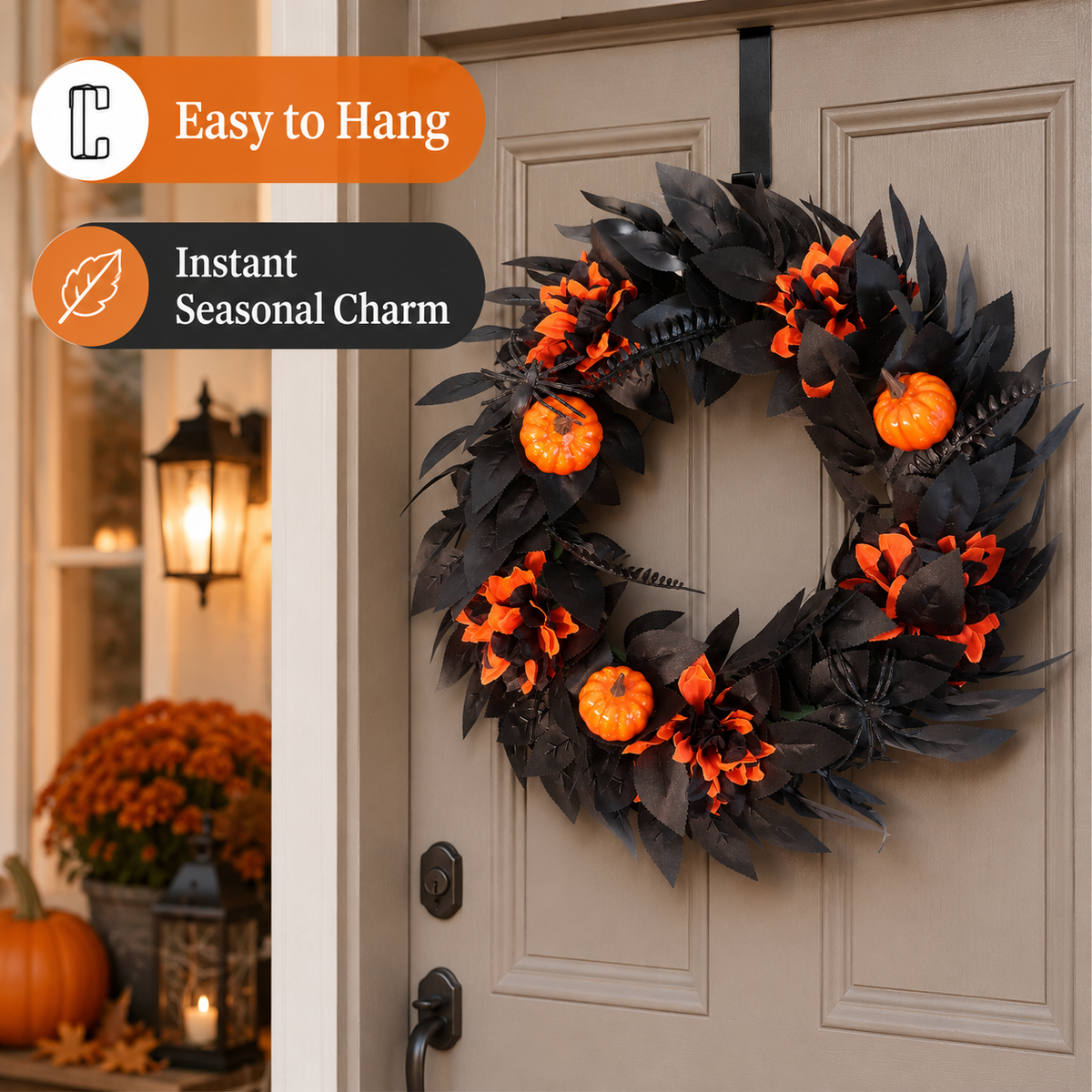 Halloween Black & Orange Wreath with Pumpkins and Spiders – 18.1" Front Door Decor