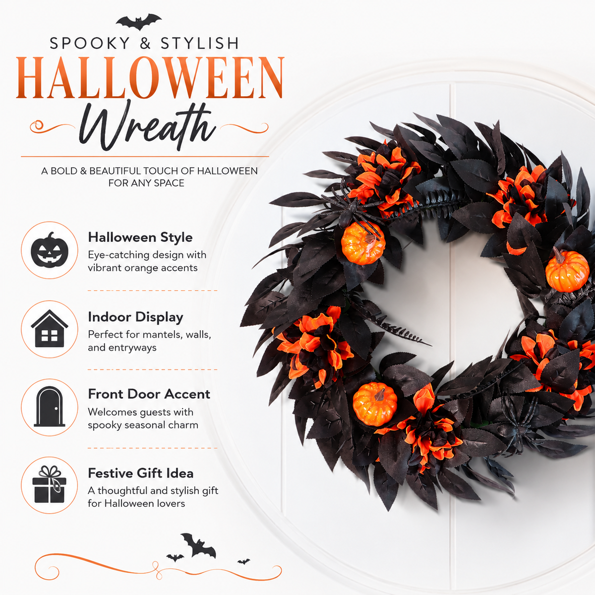 Halloween Black & Orange Wreath with Pumpkins and Spiders – 18.1" Front Door Decor