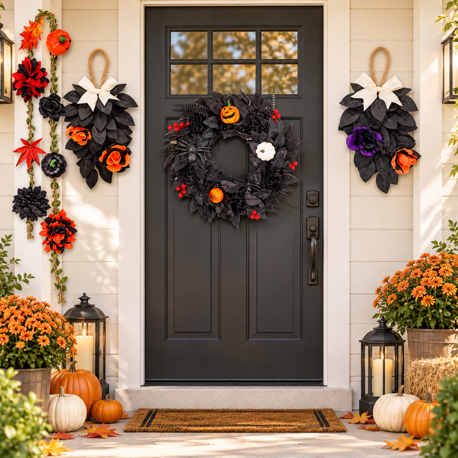 4-Piece Halloween Door Decor Set – Black Pumpkin Wreath, Floral Garland & 2 Hanging Swags