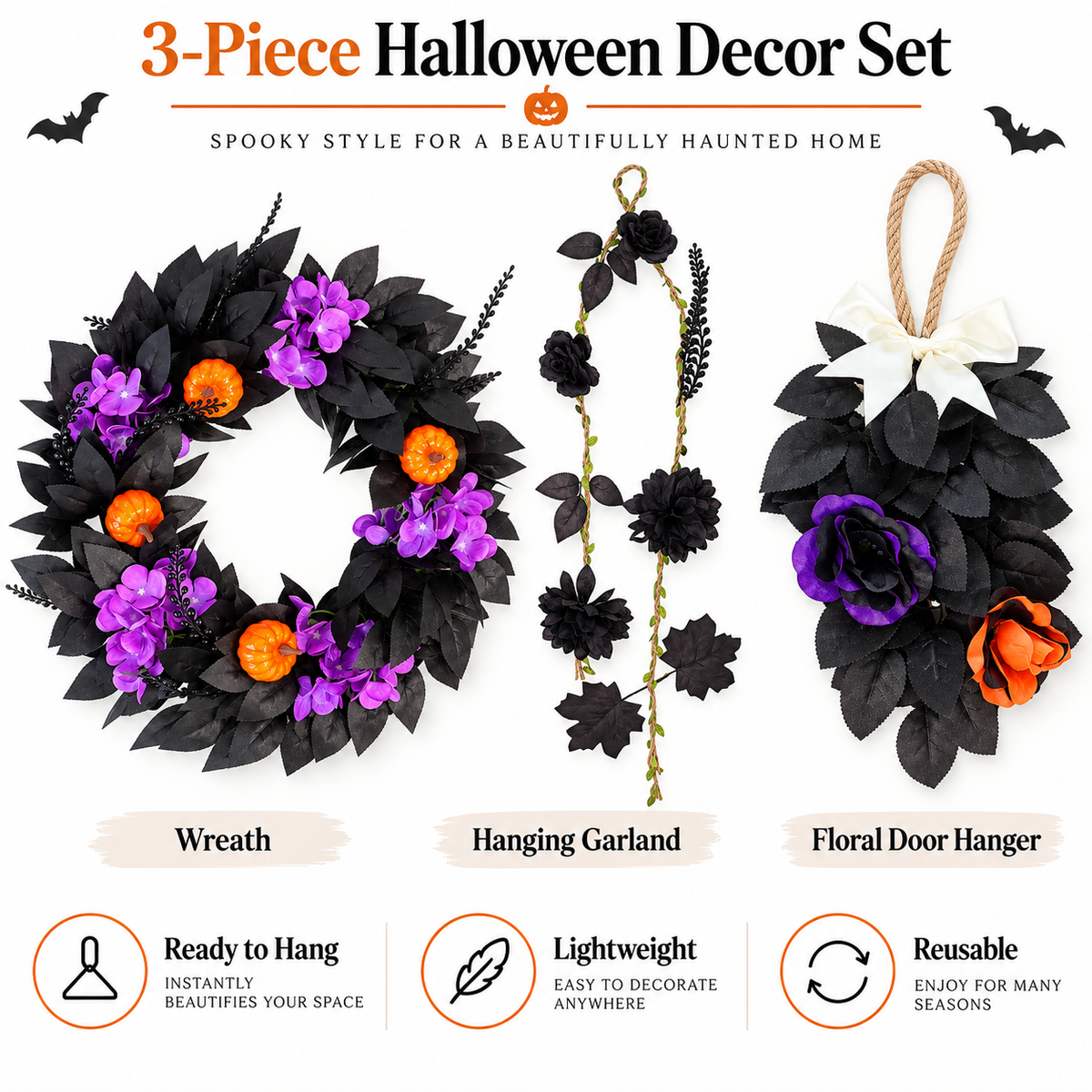 3-Piece Halloween Wreath & Door Decor Set | Gothic Purple & Orange Floral Decorations