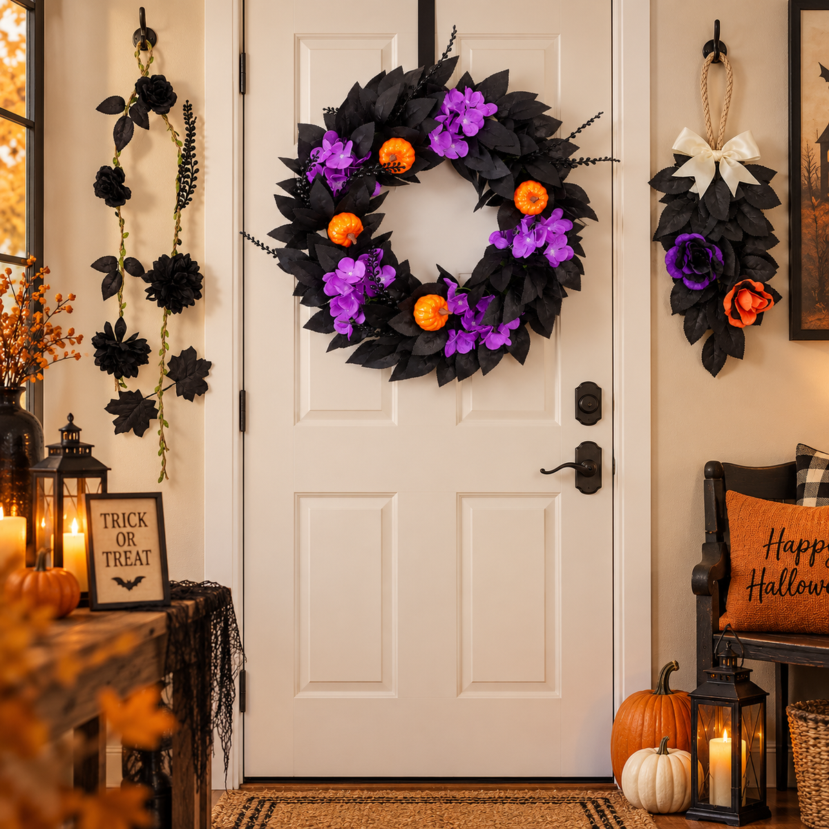 3-Piece Halloween Wreath & Door Decor Set | Gothic Purple & Orange Floral Decorations