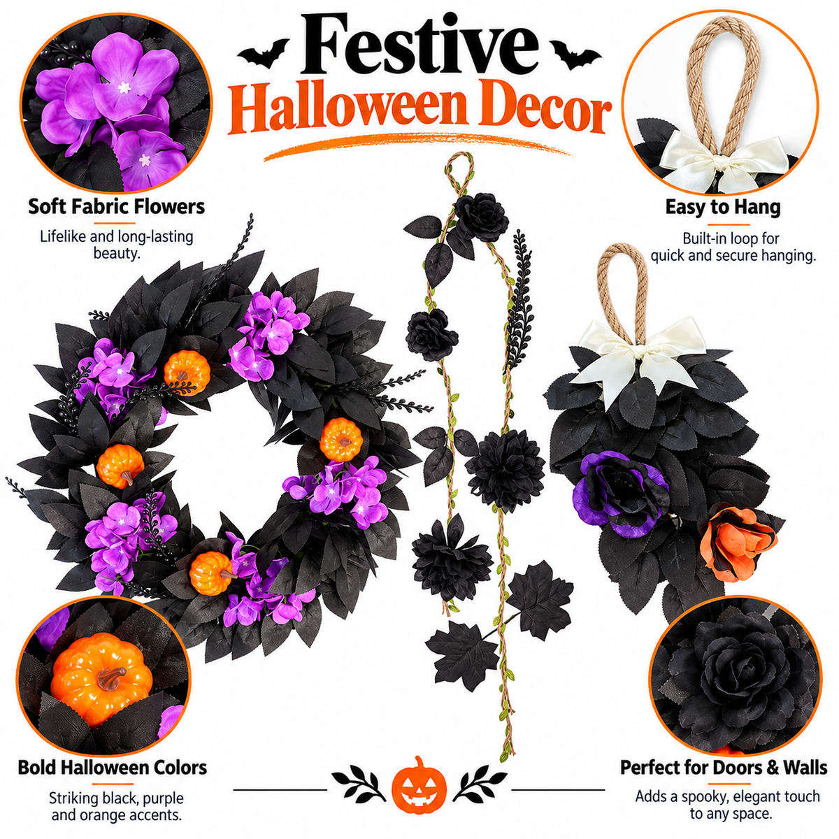 3-Piece Halloween Wreath & Door Decor Set | Gothic Purple & Orange Floral Decorations