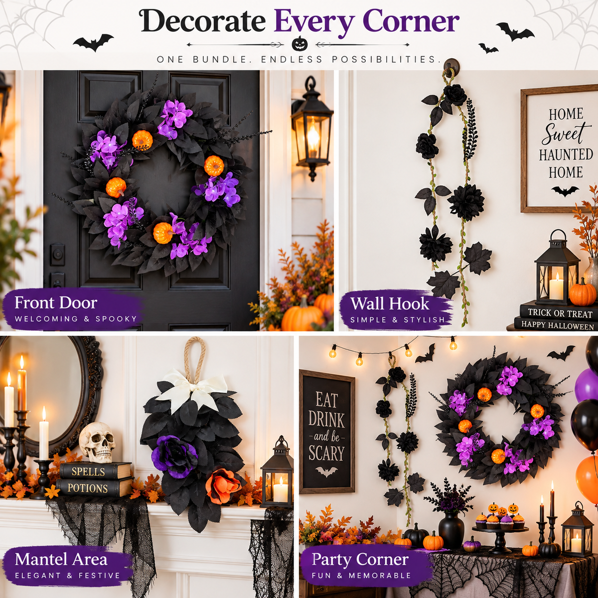 3-Piece Halloween Wreath & Door Decor Set | Gothic Purple & Orange Floral Decorations