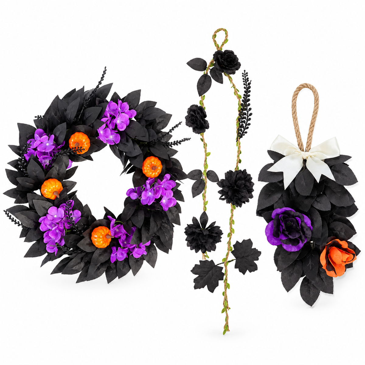 3-Piece Halloween Wreath & Door Decor Set | Gothic Purple & Orange Floral Decorations