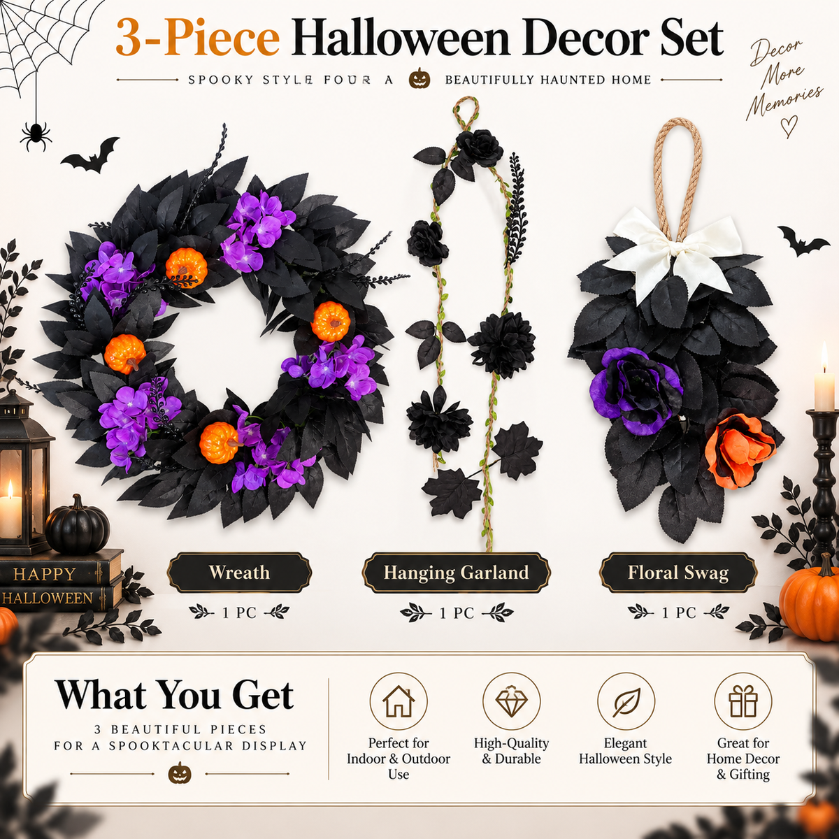 3-Piece Halloween Wreath & Door Decor Set | Gothic Purple & Orange Floral Decorations