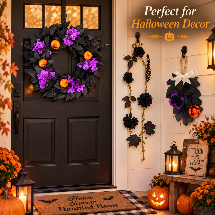 3-Piece Halloween Wreath & Door Decor Set | Gothic Purple & Orange Floral Decorations