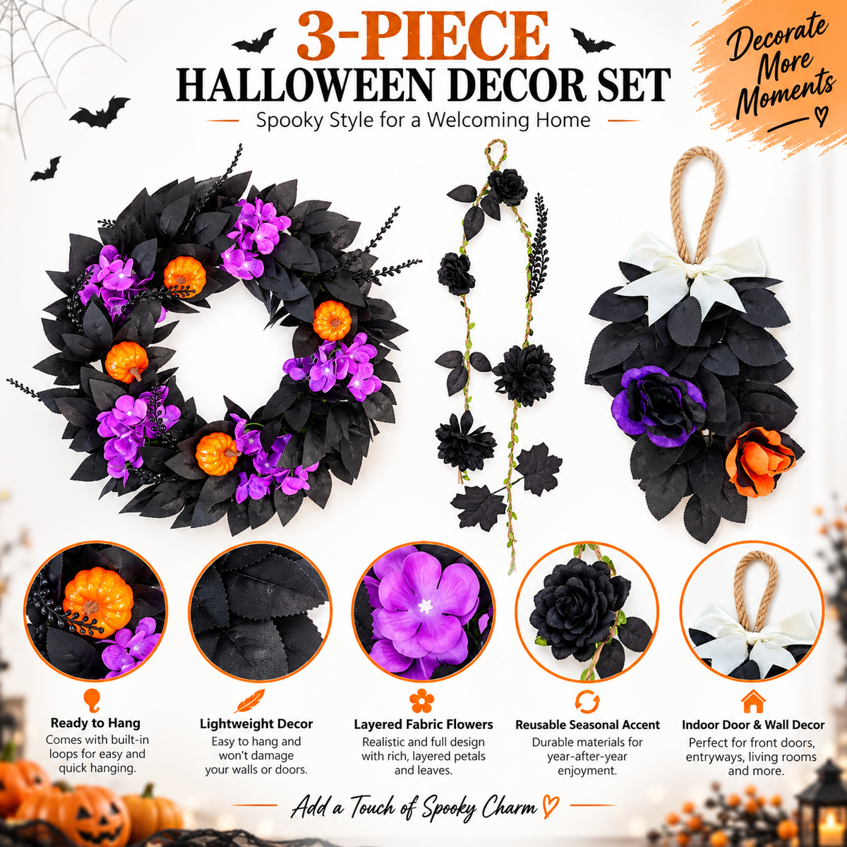 3-Piece Halloween Wreath & Door Decor Set | Gothic Purple & Orange Floral Decorations