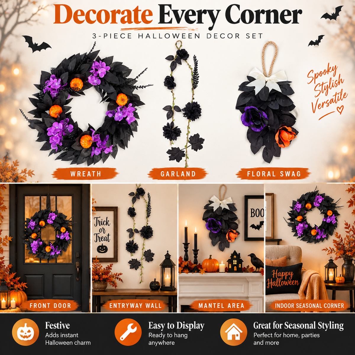 3-Piece Halloween Wreath & Door Decor Set | Gothic Purple & Orange Floral Decorations