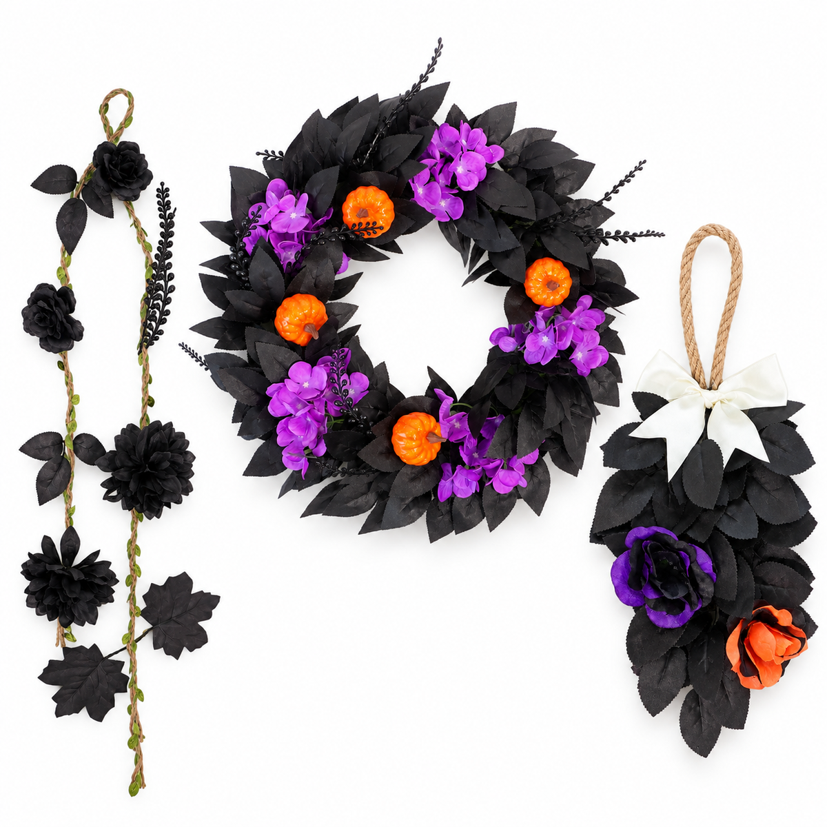 3-Piece Halloween Wreath & Door Decor Set | Gothic Purple & Orange Floral Decorations