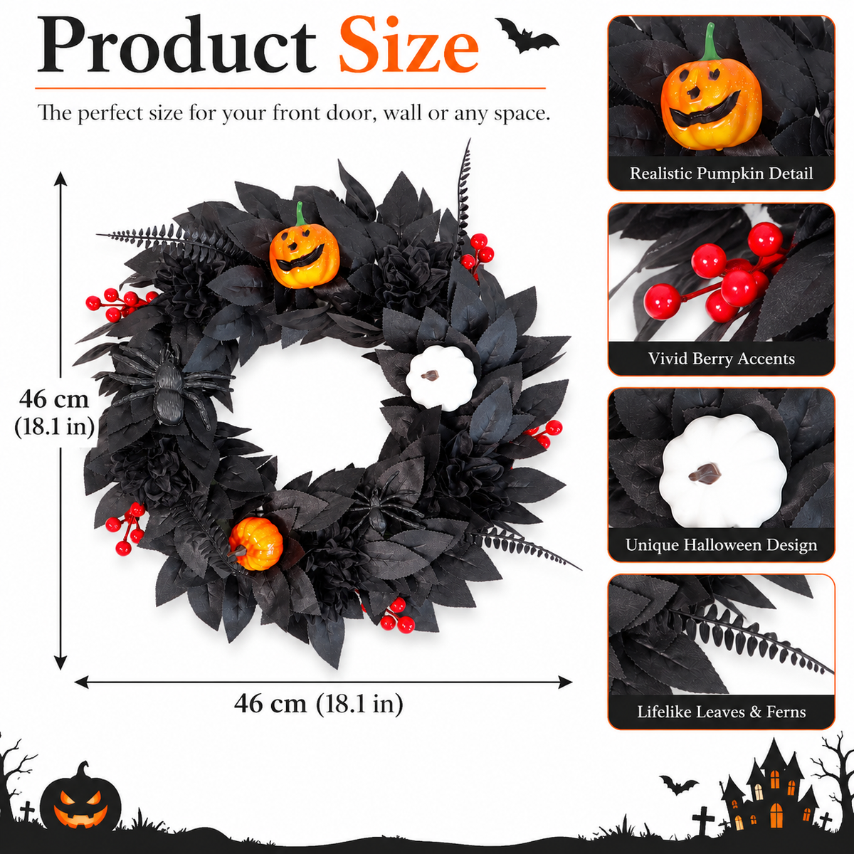Black Halloween Wreath with Pumpkin – Spooky Gothic Front Door Decor