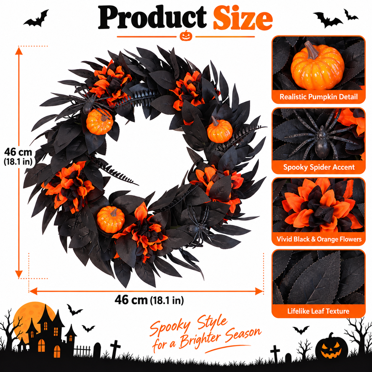 Halloween Black & Orange Wreath with Pumpkins and Spiders – 18.1" Front Door Decor