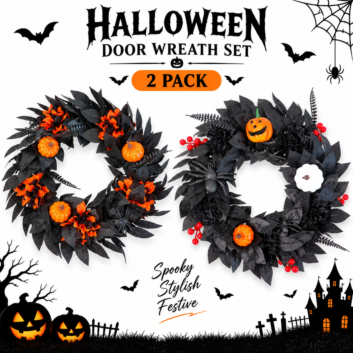 Halloween Black & Orange Wreath with Pumpkins and Spiders – 18.1" Front Door Decor