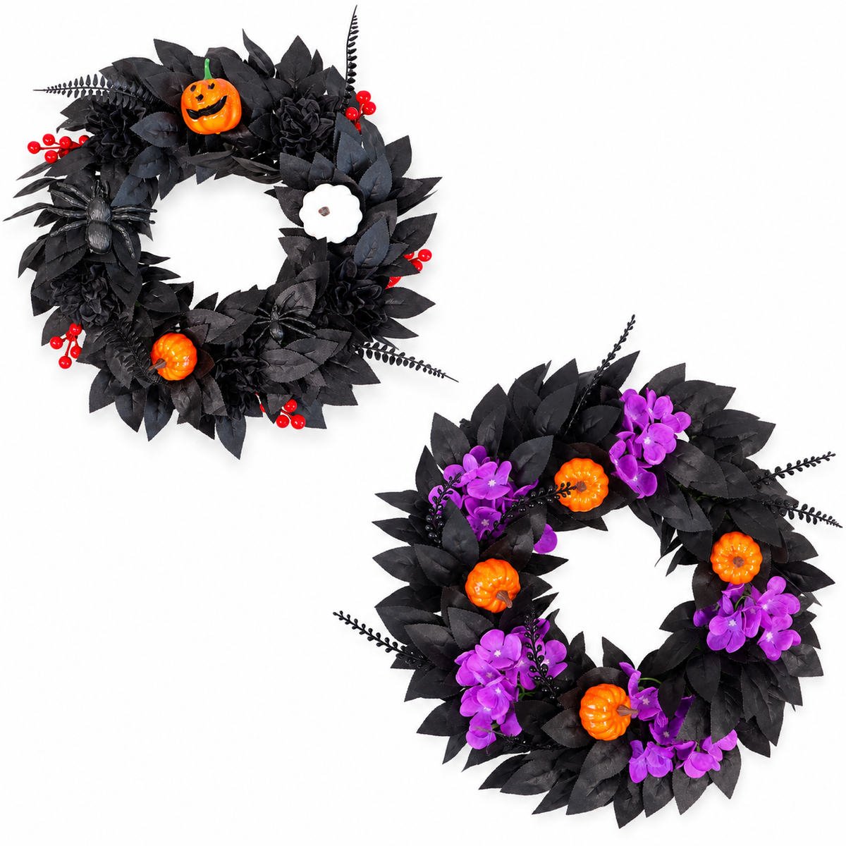 Black Halloween Wreath with Pumpkin – Spooky Gothic Front Door Decor